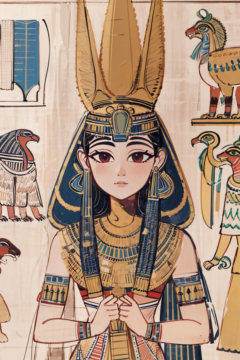 Ancient Egyptian Artwork of a Woman Wearing a Gold Headdress and Necklace