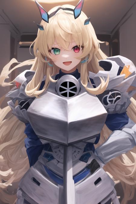 masterpiece, high quality, 1girl, large breasts, \:d, confused, hands between legs, navel focus, upper body view, sunrise, bar, <lora:barghest>barghest, tall muscular female, long hair, blonde hair, horns, heterochromia, red eyes, green eyes, ascension1, armor