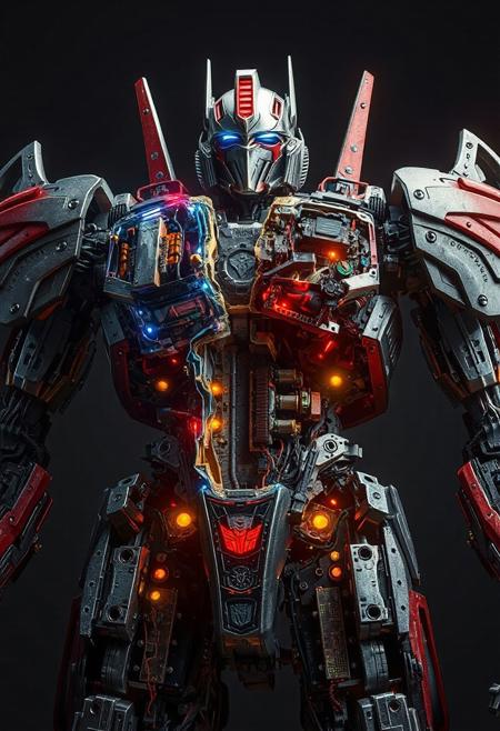 hyperrealistic, optimus prime, A transformers robot with a cut-away view showing pistons and led's and circuit boards and motors. sliced in half, bisected