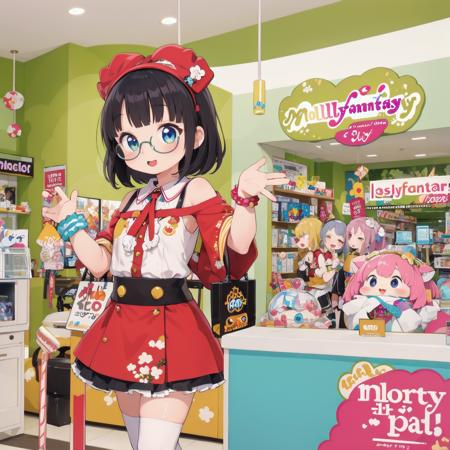 best quality, ultra-detailed, illustration,
1girl,solo, black hair, medium hair, glasses, 
idol style, cute clothing, bright colors, playful patterns, ruffled skirts, knee-high socks, kawaii accessories, youthful designs,
MollyFantasy, scenery, shop, poster (object), chair, indoors, 
 <lora:MollyFantasy_SD15_V1:0.8>