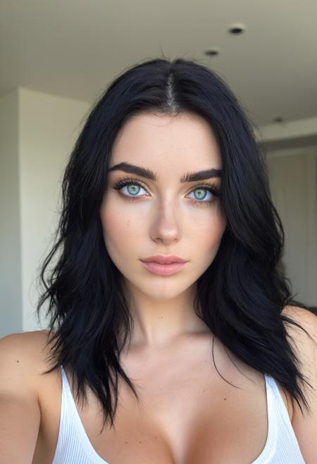 slogmclsfft 1girl solo realistic, selfie 24 year old, supermodel, very skinny, petite, medium breasts, Blue black shaggy hair, caucasian, alabaster skin, jade eyes, fair skinned, best quality, RAW photo, subject, 8k uhd, high quality, photorealistic, first-class, Bokeh background shot <lora:slogmclsfXLrd:0.6>