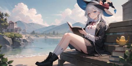 <lora:elaina-000080:0.6>,elaina_face, 1girl, bird, hat, witch hat, blue eyes, book, sitting, solo, looking at viewer, outdoors, boots, skirt, shirt, sky, bangs, ribbon, black headwear, long sleeves, blush, collared shirt, white shirt, neck ribbon, scenery, open book, smile, cloud