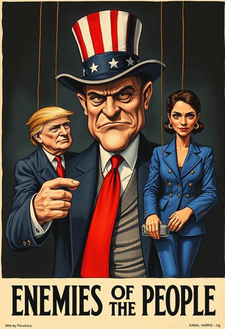 world war I military propaganda poster showing the "enemies of the people", the caricature drawing in the style of a gravure depicts an evil greedy capitalist with 3 piece suit and a American flag top hat who is controlling two puppets, one puppet is of an old white man with orange hair and red tie resembling Trump, the other puppet is that of a tanned short haired tamil indian woman wearing a blue western suit resembling kamala harris, the a title at the bottom that reads "Enemies of the People"