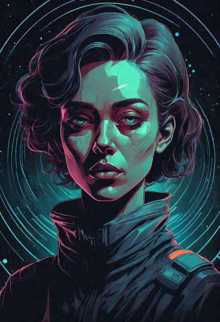portrait, character, graphic style of drawing comics, dark space colour palette, vector illustration, muted colors, delicate details, high detailed, moody, badass, psychedelics, futuristic