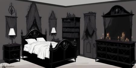 <lora:concept art-v1.0:1> concept art, Dark and Mysterious, Victorian Bedroom, Antique Wooden Furniture, Deep Purple and Black Tones, Dim Candlelight, Enchanting Atmosphere, Witchcraft-themed Decor, Bookshelves filled with Spellbooks, Cauldron Bubbling with Potions, Eerie and Magical Mood