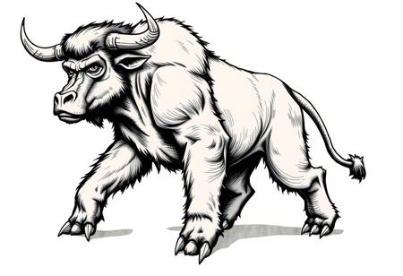 fantasy, ink art, comic style art, bull is standing with four feet, front orangutan's feet has 3 claws, muscular , looking at viewer, half side view