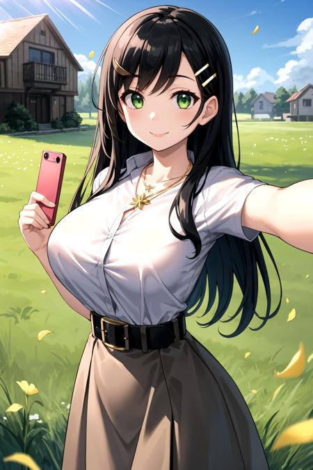 masterpiece, best quality, 1girl, selfie, long black hair, hair clip, green eyes,belt, gold necklace, flower petals, grey buttoned shirt, high-waist skirt, meadow, [houses], sunlight, smile, large breasts