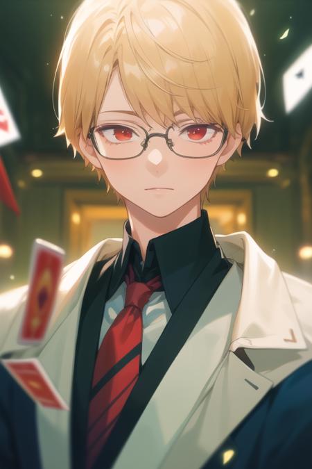 masterpiece, best quality, illustration, 1boy, solo, male focus, looking at viewer, upper body, depth of field, <lora:eita_sasaki:0.64>, eita_sasaki, glasses, blonde hair, red eyes, , Wonderland: A wild and fantastical place, ruled by the Queen of Hearts,