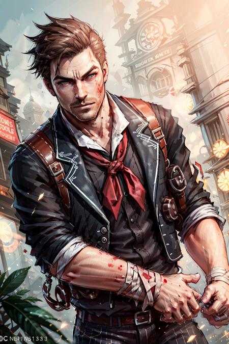 (masterpiece, best quality:1.2),   <lora:booker_dewitt-20:0.7>, bookerBS_soul3142, solo, brown hair, 1boy, male focus, sketch, blood, facial hair, bandages, stubble