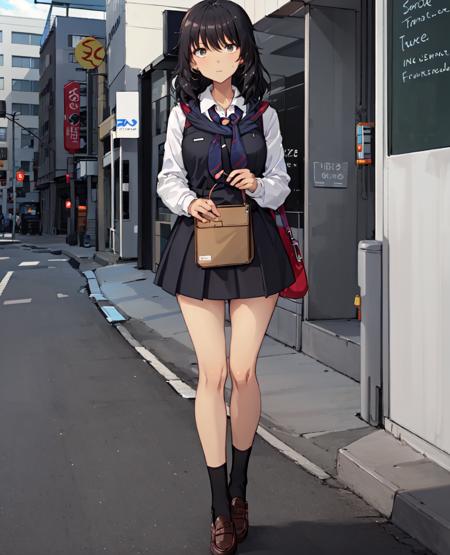 <lora:andou-10:1>Andou, 1girl, solo, looking at viewer, skirt, shirt, black hair, long sleeves, dress, holding, brown eyes, closed mouth, school uniform, standing, full body, white shirt, pleated skirt, necktie, shoes, socks, striped, dark skin, miniskirt, black skirt, medium hair, black dress, sweater, dark-skinned female, dress shirt, frown, brown footwear, phone, cardigan, cellphone, wing collar, red necktie, black socks, loafers, messy hair, smartphone, holding phone, outside border, black vest, blue necktie, pinafore dress, clothes around waist, striped necktie, light frown, blue sweater, diagonal stripes