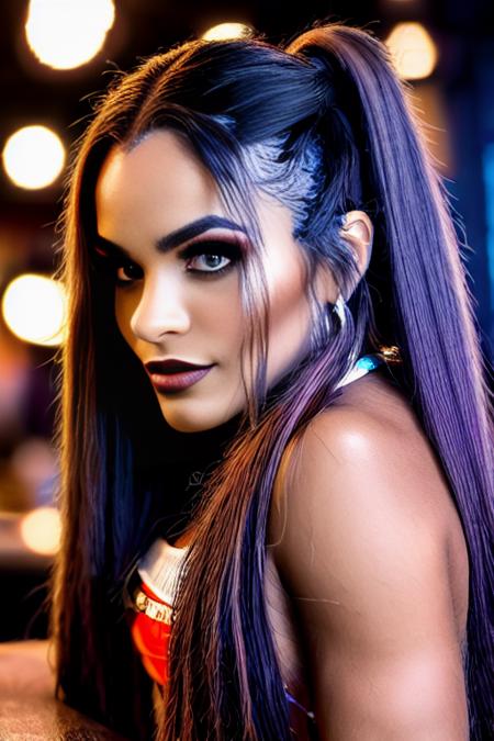 portrait photo of zelinavega beautiful woman (hair twin tails) nightclub sitting at bar (masterpiece) (best quality) (detailed) (8k) (HDR) (wallpaper) (cinematic lighting) (sharp focus) (intricate)