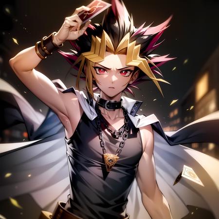 ((masterpiece, best quality)),(complex light),1boy, solo , yugi muto, black hair,  jacket on shoulders,  <lora:Yugioh1-10:0.6>,necklace, big pendant, sleeveless shirt, millennium puzzle,holding, holding card,