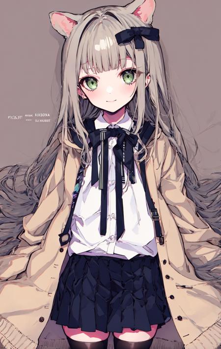 1girl, bag, bangs, black_ribbon, black_skirt, blunt_bangs, blush, brown_background, brown_hair, brown_jacket, cardigan, character_name, closed_mouth, collared_shirt, gloves, green_eyes, grey_background, grey_hair, hair_ornament, hamster, jacket, long_hair, long_sleeves, looking_at_viewer, murasaki_shion, neck_ribbon, on_head, open_cardigan, open_clothes, open_jacket, ribbon, shirt, short_eyebrows, simple_background, sleeves_past_wrists, smile, solo, striped, striped_legwear, thick_eyebrows, vertical_stripes, very_long_hair, virtual_youtuber, white_shirt  <lora:style_mochikei:1>