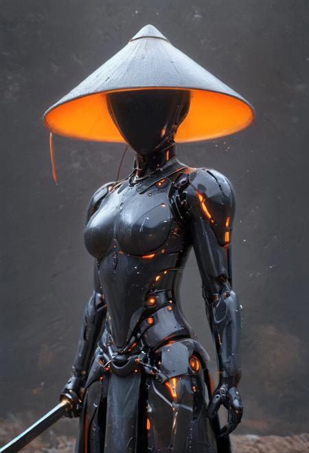 Craft a captivating vibrant dark black-neon caption for a photo capturing the essence of a cyborg woman Bedouin sorcerer in fight stance, blue eyes, defying expectations by conjuring a whimsical robot 'freak' from an oversized sedge  hat. ethereal, smoky backdrop. throwing a translucent orange/tanslucent purple/black iaidow, weapon, katana, holding sword, ready to draw, sheathed, unsheathing, scabbard,, 
 very detailed, atmospheric haze, Film grain, cinematic film still, shallow depth of field, highly detailed, high budget, cinemascope, moody, epic, OverallDetail, gorgeous, 2000s vintage RAW photo, photorealistic, candid camera, color graded cinematic, eye catchlights, atmospheric lighting, skin pores, imperfections, natural, shallow dof