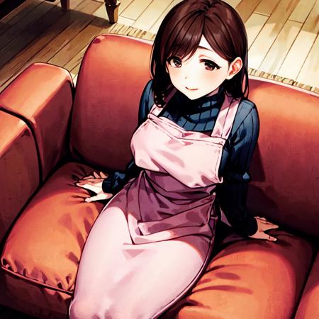 zemimama, 1girl , apron, from above,  sitting, sofa , living room,  <lora:zemimama-000006:0.8>