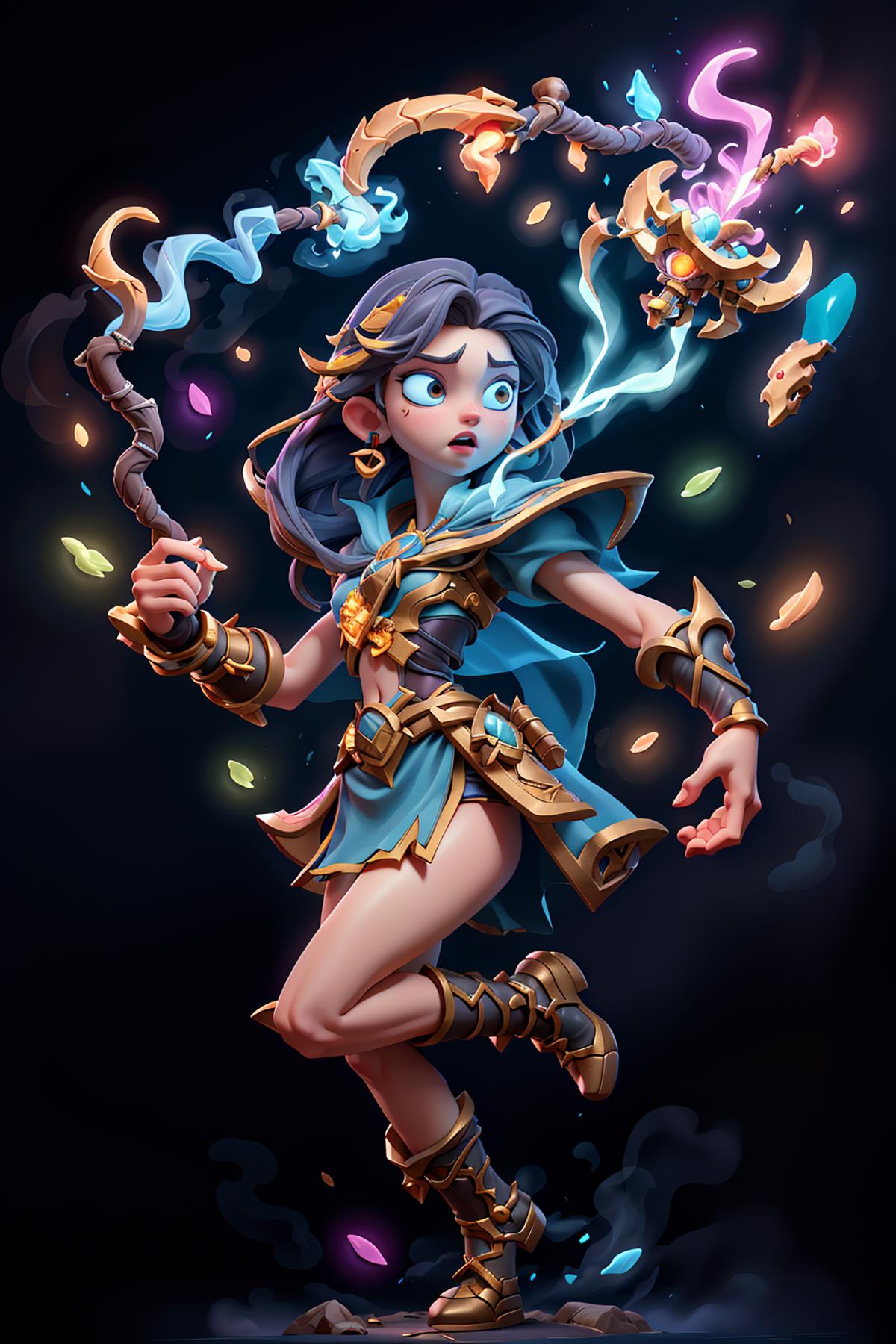 A cartoon illustration of a woman with blue hair and a blue dress, holding a wand and surrounded by stars and fire.