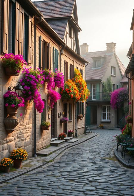 An old charming European-style village, cobblestone streets, rustic stone houses with wooden shutters, covered in vibrant and colorful flowers cascading from window boxes and garden edges, soft morning light, gentle mist, warm pastel tones, dreamy and peaceful atmosphere, highly detailed, ultra-realistic, 8k