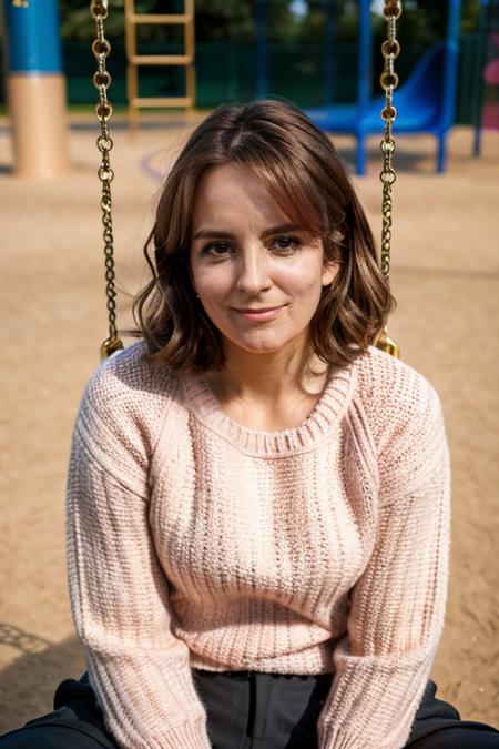 masterpiece, best quality, detailed face, Gold Pink jumper in a playground, swings, roundabout, <lora:Tina_Fey:1> 1girl, solo, a mature t1873f,