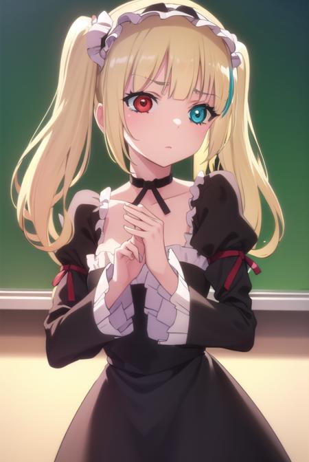 kobatohasegawa, <lora:kobato hasegawa s2-lora-nochekaiser:1>,
kobato hasegawa, long hair, blonde hair, (red eyes:1.3), blue eyes, (heterochromia:1.5), two side up,
BREAK dress, hairband, frills, long sleeves, puffy sleeves, juliet sleeves, (black dress:1.3),
BREAK indoors, classroom,
BREAK looking at viewer, (cowboy shot:1.5),
BREAK <lyco:GoodHands-beta2:1>, (masterpiece:1.2), best quality, high resolution, unity 8k wallpaper, (illustration:0.8), (beautiful detailed eyes:1.6), extremely detailed face, perfect lighting, extremely detailed CG, (perfect hands, perfect anatomy),