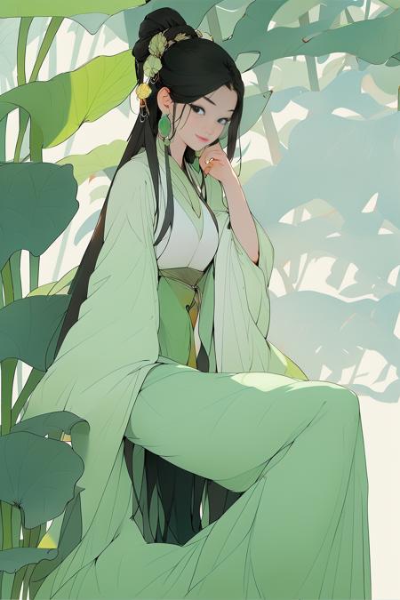 a girl  ,green | cyan  dress ,sitting   on a large lotus leaf,Waterfowl,sunlight,   <lora:guofengmeizia:0.85>