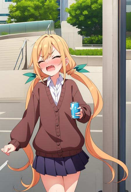 1girl,blush,closed eyes,open mouth,can,holding can,sweatdrop,full-face blush,ear blush,
<lora:KaraneIndaV1:0.6>,KaraneInda,1girl,solo,v-shaped eyebrows,low twintails,long hair,blonde hair,orange hair,bangs,green hair bow ribbon,hair between eyes,
collarbone,wing collar,open collar,collared shirt,white dress shirt,brown cardigan sweater,buttons,puffy long sleeves,purple pleated miniskirt,white loose socks,
blue footwear,slippers,outdoors,clenched hands,<lora:add_detail:0.3>,<lora:è°æ´colorful_V1_lbw:0.3>,, Exquisite visuals, high-definition,masterpiece,best quality,Exquisite visuals,high-definition,masterpiece,best quality,18yo,Young female,Beautiful Fingers,Beautiful long legs,Beautiful body,Beautiful character design,