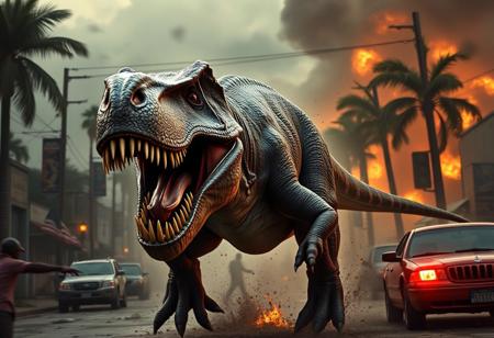 Photorealistic, Photograph of a T-rex rampaging through the streets of florida, massacre, chaos, realistic, highly detailed
