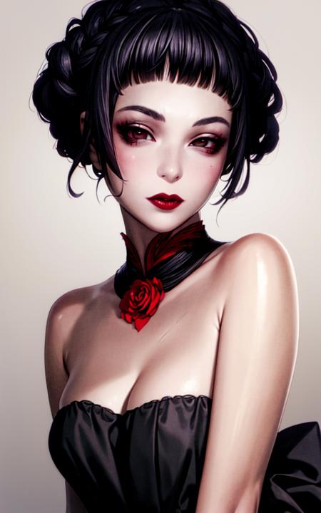 4K, Masterpiece, highres, absurdres, [ballgown|edgMarquise], edgMarquise, a woman with a black wig and a red lipstick ,with a edgMarquise_hairstyle, wearing a ballgown <lora:MarquiseGown:0.7> <lora:Rangemurata:1>