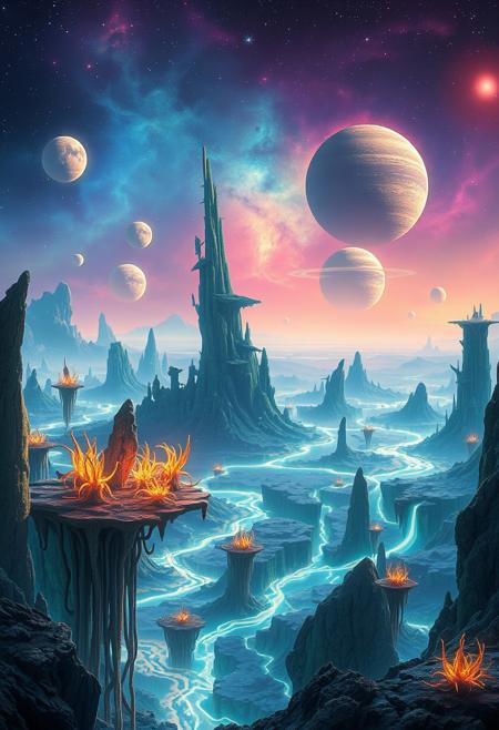 A breathtaking alien landscape, on a distant planet, featuring towering, bioluminescent flora and floating islands suspended in a vibrant
, nebula-filled sky. The terrain is a mix of crystalline formations and glowing, otherworldly plants. Rivers of liquid light flow through the valleys, casting an ethereal glow across the scene. Strange, luminescent creatures can be seen in the distance, blending seamlessly with the fantastical environment. The horizon is dotted with multiple moons and a giant, ringed planet, adding to the surreal beauty of this extraterrestrial world