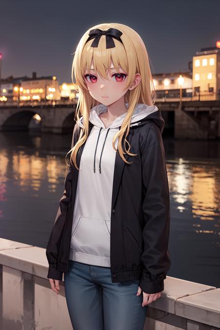 masterpiece, best quality, cowboy shot, looking at viewer, expressionless, yue, very long hair, hairband, hair bow, hoodie, black jacket, jeans, outdoors, night, water, skyline, <lora:yue_v2:0.9>