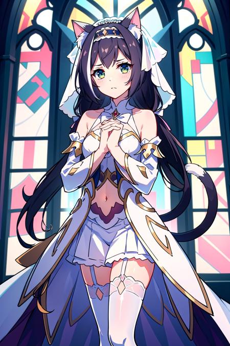 <lora:KarylChanV1.1-000009:0.8>, karylprincess, cat ears, cat tail, white veil, hairband, white ribbon, white dress, white sleeves, navel cutout, white thighhighs, white garter straps, looking at viewer, own hands together, church, holy