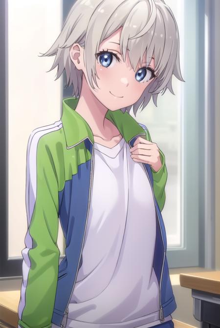 saikatotsuka, <lora:saika totsuka s2s3-lora-nochekaiser:1>,
saika totsuka, blue eyes, ahoge, grey hair, male focus, smile,
BREAK jacket, green jacket, shirt, white shirt, open jacket, shorts, green shorts, raglan sleeves,
BREAK indoors, classroom,
BREAK looking at viewer, (cowboy shot:1.5),
BREAK <lyco:GoodHands-beta2:1>, (masterpiece:1.2), best quality, high resolution, unity 8k wallpaper, (illustration:0.8), (beautiful detailed eyes:1.6), extremely detailed face, perfect lighting, extremely detailed CG, (perfect hands, perfect anatomy),