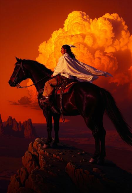 a painting in the style of mark maggiori of a Native Indian woman wearing white traditional clothing with intricate beadwork and a feathered headdress, riding a black horse with a flowing mane on a rugged, rocky cliff, crimson sky with dark yellow clouds streaked across it, wind blowing her clothing and the horse’s tail, distant mountains and jagged rocks in the background, dramatic lighting casting deep shadows, intense and powerful atmosphere