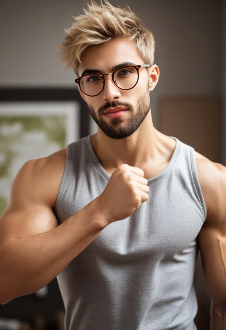 2boys, (flexing biceps:2), (bicep grab), (feeling the biceps), (touching biceps), (squeezing biceps:1.9), hypermasculine, waist up, wearing boxers, heavy stubble, beard, thin beard, overjoyed expressions,, short messy blonde hair, score_9, score_8_up, score_7_up, rating_explicit, round glasses, (rough stubble), twink, realistic, skinny body, (((hairy stomach))), messy dirty blonde short hair, tan skin, sharp chin, long chin, sharp cheekbones, green eyes, skinny face, widely open eyes, light skin tone, high cheekbones, sharply pointed chin, angular jaw,