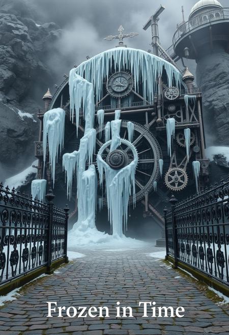 Image depicts a steampunk-style scene featuring a massive, intricate frozen watermill structure. The watermill is adorned with numerous gears, pipes, and clock-like elements, all rendered in a metallic, industrial aesthetic. Icicles cascade dramatically from the central wheel, creating a frozen waterfall effect. The structure is set against a rocky backdrop, with mist and steam adding to the atmospheric ambiance. In the foreground, a cobblestone path leads to the watermill, bordered by an ornate wrought-iron fence. The overall colour palette is dominated by muted blues, greys, and metallic tones, enhancing the vintage, mechanical theme of the scene.  include at the bottom the text "Frozen in Time"