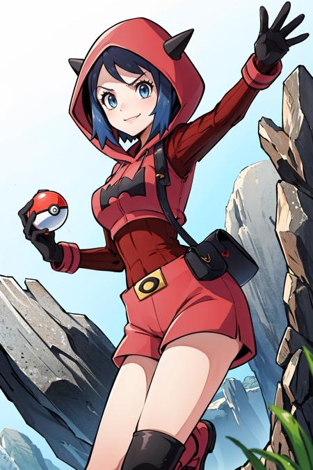 masterpiece, best quality, pkmntmg, fake horns, hoodie, red shorts, gloves, red boots, raised arm, holding poke ball, smile, furrowed brow, rocks, rock formations <lora:teammagmagrunt-nvwls-v1-000010:0.9>