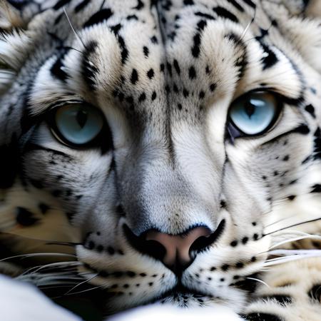 A beautiful, vivid photograph of a snow leopard curled up close to the camera lens with a contented look on her face