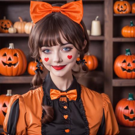 HDR,UHD,8K, best quality, masterpiece, absurdres,extremely detailed, 
BREAK
halloweencoser, wan4, 1girl, hat, solo, blue eyes, bangs, black hair, looking at viewer, black headwear, red lips, realistic, bow, halloween, facial mark, blurry, closed mouth, smile, heart, makeup, red bow, short hair, blunt bangs, facepaint, lips, bowtie, neck ribbon, shirt, red bowtie, red ribbon, black shirt, ribbon, jack-o'-lantern, nose, brown hair, facial tattoo, indoors, lipstick, upper body, dress, blurry background, collared shirt, depth of field, eyeliner, grey eyes
BREAK
Pumpkin, pumpkin lantern,
BREAK
<lora:halloweencoser-000008:1>