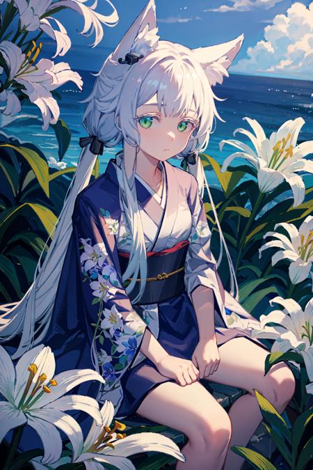 rosmontisB, 1girl, low_twintail, animal ears, long hair, flower, kimono, green eyes, animal ear fluff, white hair, lily (flower), wolf ears, bangs, looking at viewer, closed mouth, Expressionless, sitting
<lora:rosmontis:1>