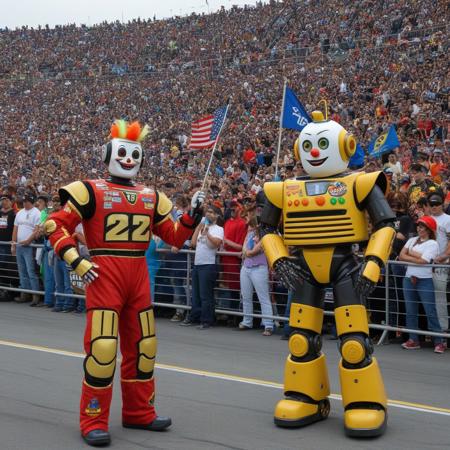 Photograph of two robotic NASCAR fans in vibrant costumes at a race event. The robot on the left, wearing a red and gold mask, black shirt, and holding a "BUZZ" flag, stands behind the other robot, who is wearing a colorful clown mask and a "BUZZ BUZZ" flag. The background features a crowd of robots, some with diverse costumes, and a partially visible grandstand. The overall atmosphere is lively and festive.