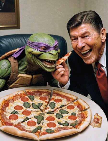 A photo of Donatello Teenage Mutant Ninja Turtle and Ronald Reagan eating pizza together,