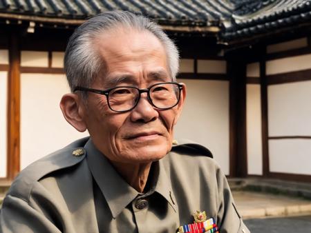 asian, <lora:houseman:0.85>,glasses,housemanku,A Japanese veteran, depicted as an elderly man with a dignified and solemn expression. He may be wearing a military uniform or medals that reflect his service, and his posture conveys a sense of pride and honor. The background could include elements of traditional Japanese architecture or landscapes, or symbols that represent his military service. The scene should be as realistic as a high-resolution photograph, with soft and respectful lighting that highlights the character's wisdom and experience, (masterpiece:1. 0), (best quality:1. 4), (ultra highres:1. 2), (intricate details:1.3), (soft focus:1. 4), (sharp focus:1. 4),Raw photo,1man,