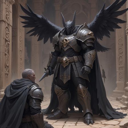 Create a high-definition, painterly image of an anthropomorphic raven knight, inspired by the styles of Hiroya Oku and Vasily Polenov, with a Space Marine and Dullahan in the background, set on a labyrinth wall. The image should be trending on ArtStation and Patreon, with a focus on the raven knight's close-up. Incorporate elements of Cushart Kenz and Aquarion, and experiment with a blurry, 50mm depth of field effect.