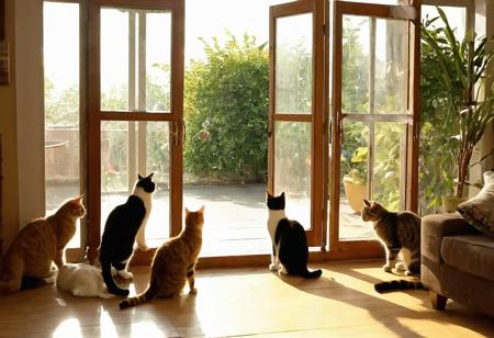 The owner opened the door and went home, pleasantly surprised to find a group of cats playing happily in the sunny living room. This scene is full of warmth, vitality, and happiness, showcasing the harmonious coexistence between humans and animals. The owner opened the door, the cats played in the living room, enjoying the sunshine, warmth, vitality, happiness, and harmony, (multi-cats)