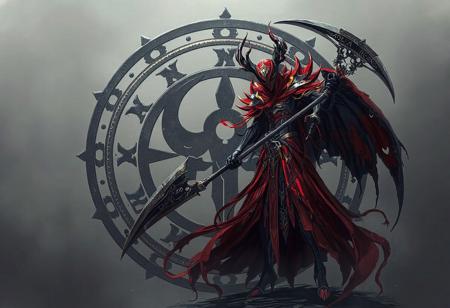 "Create a captivating digital illustration of a Dark Spirit of the Silent, standing alone against a stark Cursed Seal of the Forbidden Spell. The Dark Spirit's predominantly red and gold body should feature intricate black and white accents, and it should be wielding a Dreadscythe in a ready-for-action dynamic pose. Utilize vivid colors, cinematic lighting, and balancing editing to showcase the exceptional details and lifelike features of the Dark Spirit, resulting in a highly detailed 8k artwork that is trending on ArtstationHQ and conveys a powerful message."