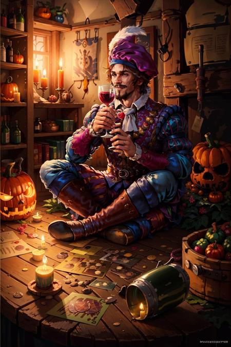 (masterpiece, best quality:1.2),  <lora:dandelion-20:0.70>, dandelionW3_soul3142, solo, smile, short hair, brown hair, 1boy, hat, sitting, boots, indoors, cup, facial hair, beard, alcohol, drinking glass, halloween, candle, wine glass, coin, wine, barrel, wood