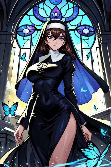 official art, unity 8k wallpaper, ultra detailed, beautiful and aesthetic, High quality, beautiful, masterpiece, best quality, (zentangle, mandala, tangle, entangle:0.6), 1girl, solo, blue butterfly, breasts, veil, nun, butterfly, large breasts, bug, bangs, long hair, long sleeves, dress, black dress, looking at viewer, brown hair, closed mouth, gothic church scene, side lighting, rim lighting, demonic view, indoors, hair between eyes, underboob, sky, window, pillar, pelvic curtain, water splash, wind swept, glitter,ultra sharp