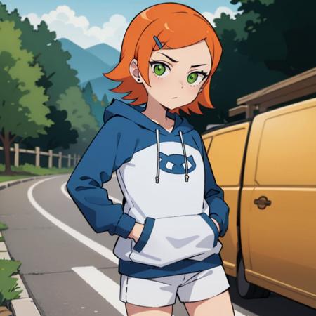 gwen,orange hair,green eyes,short hair,hairclip,looking at viewer,blue hoodie,hands in pockets, upper body