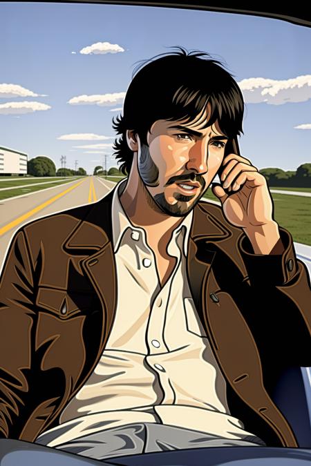 a man in a car with a cell phone , solo, looking at viewer, short hair, open mouth, brown hair, shirt, black hair, 1boy, jacket, white shirt, upper body, male focus, outdoors, sky, facial hair, ground vehicle, motor vehicle, beard, brown jacket, car, scene reference