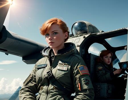 <lora:SvemaColor:0.6>,Highly detailed cinematic film still of a woman (flying a spaceship),  short ginger hair, military flight jacket, military flight shorts, combat boots, space background, natural lighting, realistic skin, shot on Svema_Color