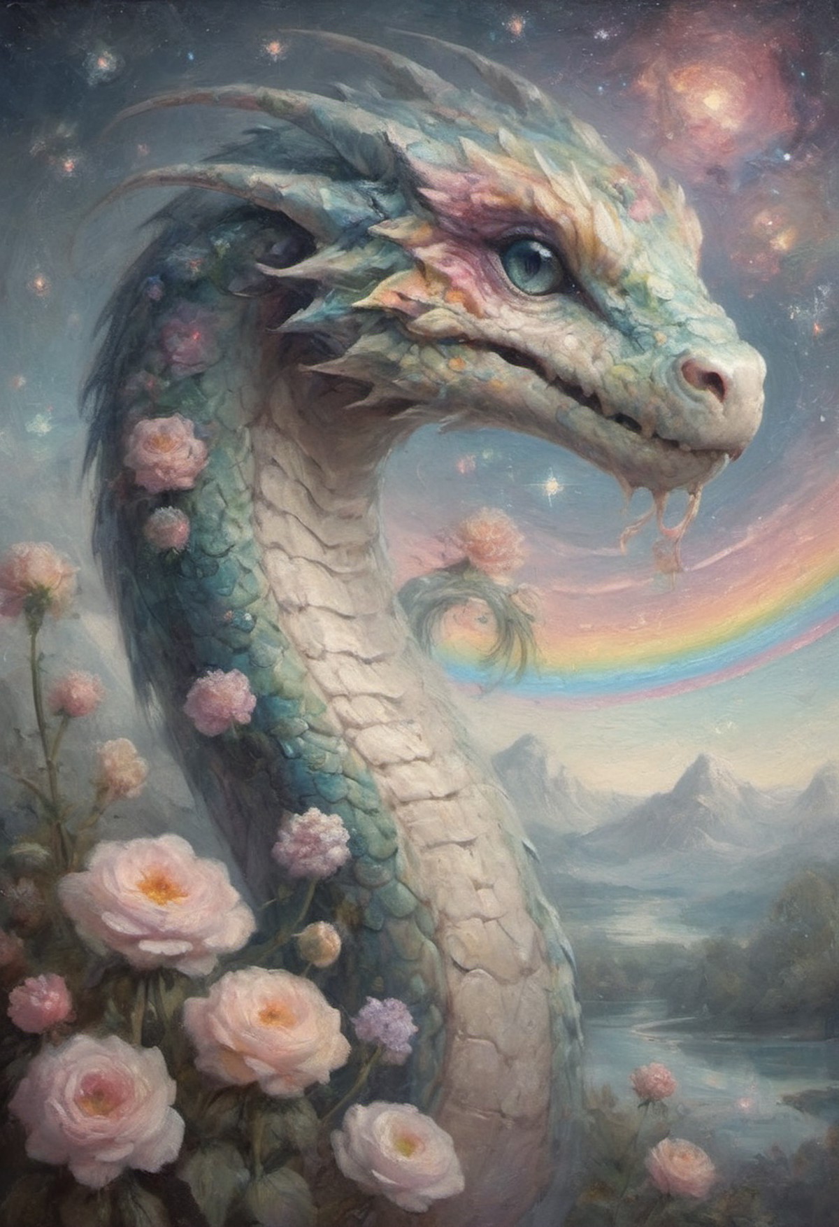 atmospheric oil painting of a hyper-real portrait of a hauntingly beautiful pale pastel rainbow scaled sky serpent with hu...